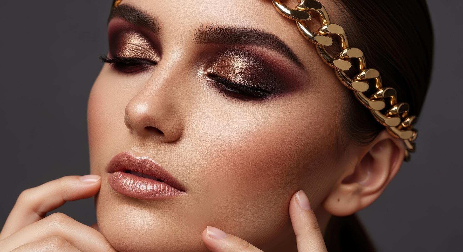 Frau mit glänzendem Make-up und Goldschmuck | Hydrafacial Behandlung